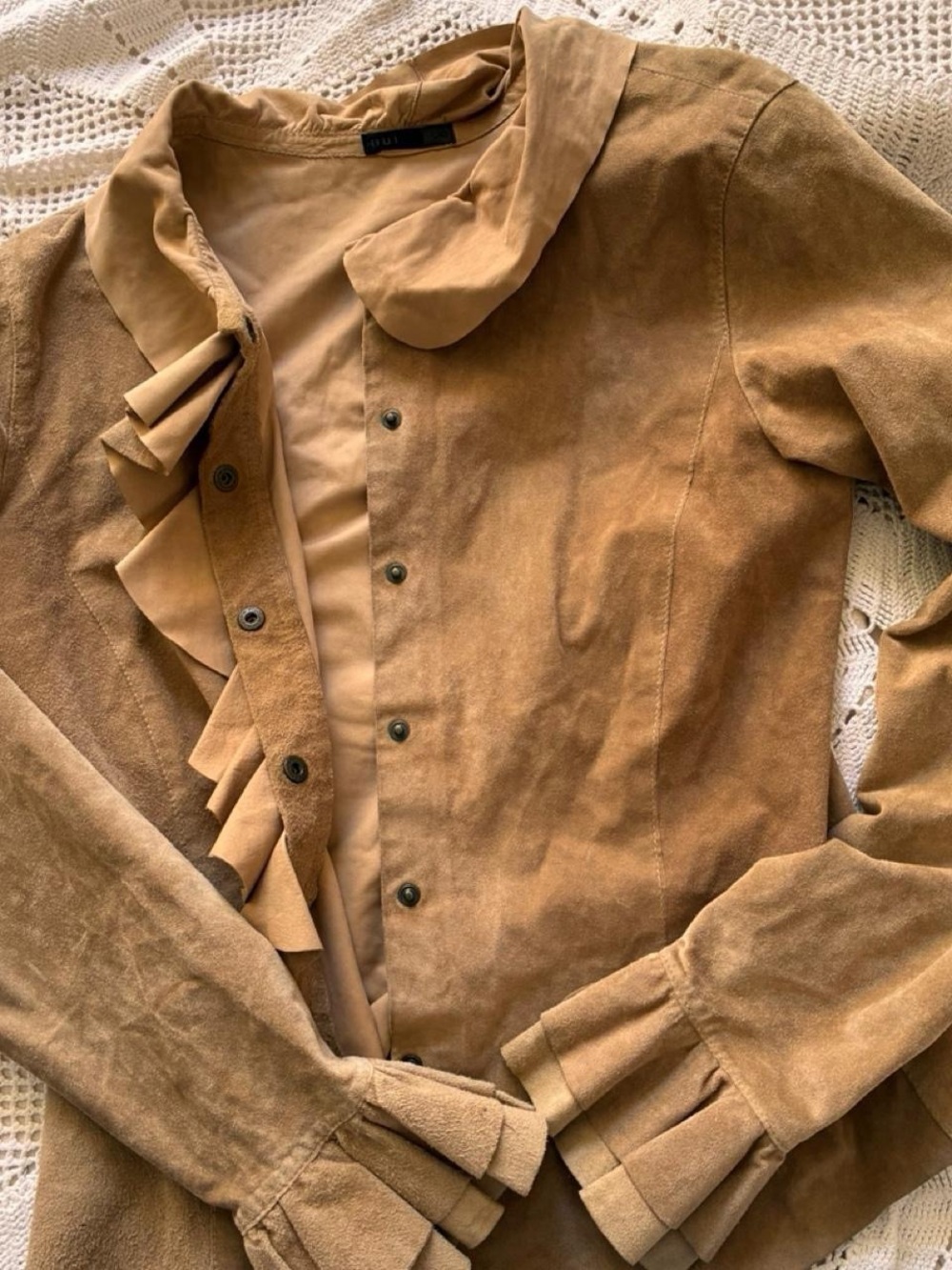 Barbara Bui Paris FW03 Runway Suede Ruffle Jacket Camel Leather size-  FR42 - Picture 4 of 8
